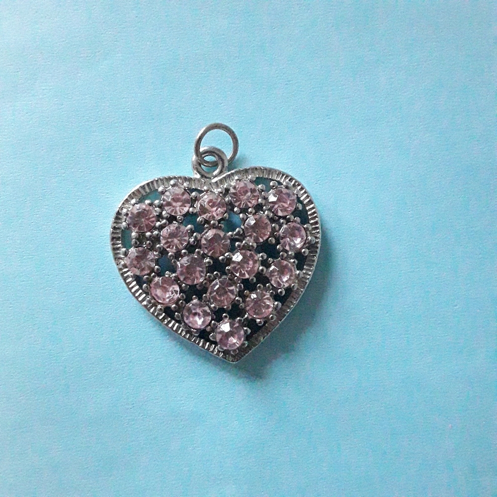 Heart Pendant Silvertone Pink Rhinestones
